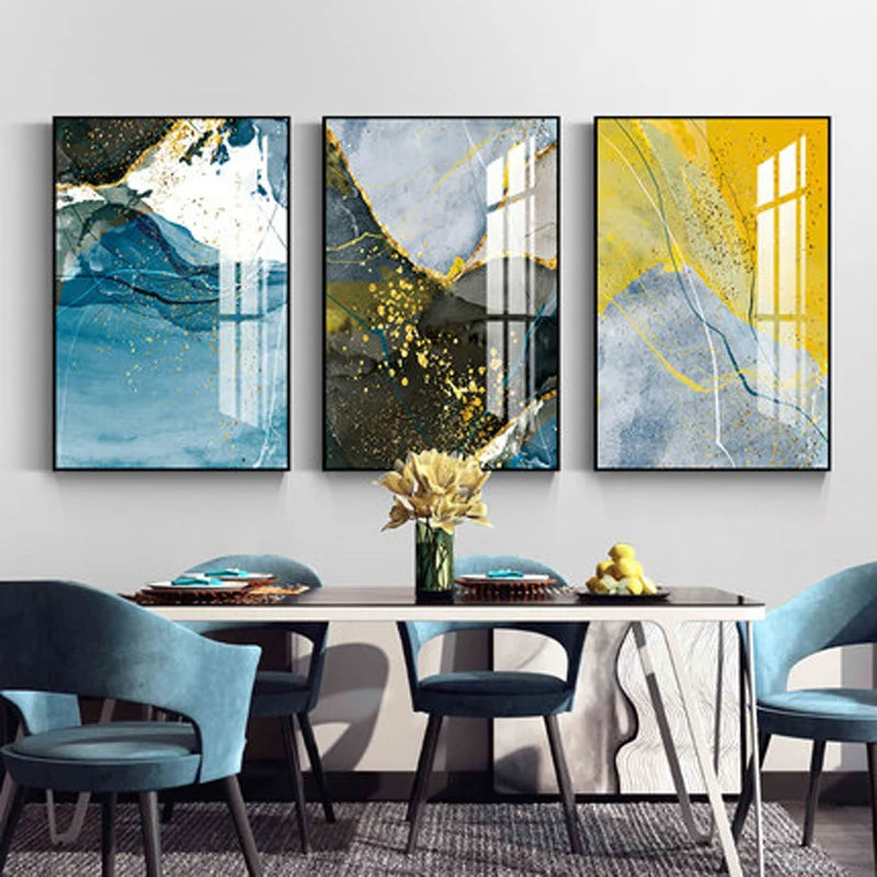 Abstract Blue Yellow Gray Marble Print Wall Art Fine Art Canvas Prints Pictures For Modern Apartment Living Room Home Office Art Decor