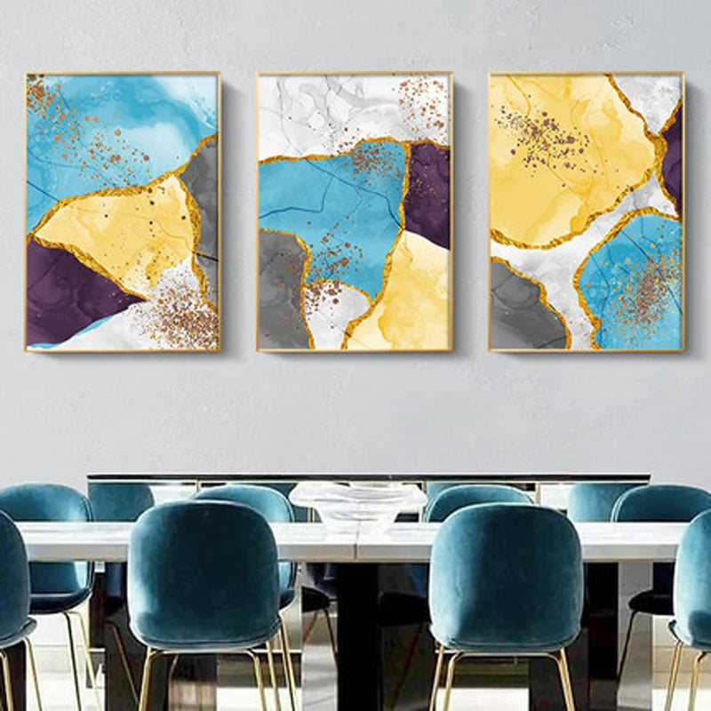 Abstract Blue Yellow Gray Marble Print Wall Art Fine Art Canvas Prints Pictures For Modern Apartment Living Room Home Office Art Decor