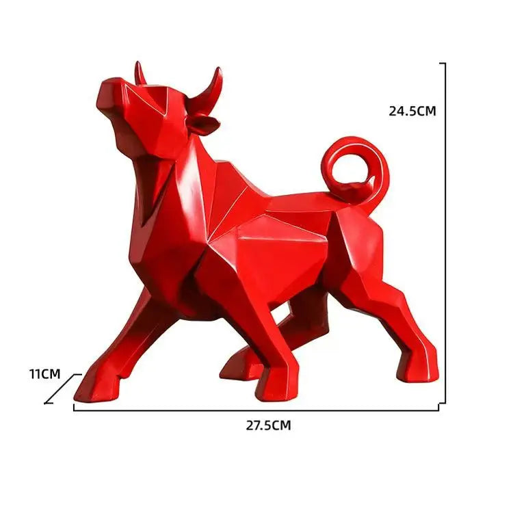 Red geometric bull sculpture with measurements on a white background