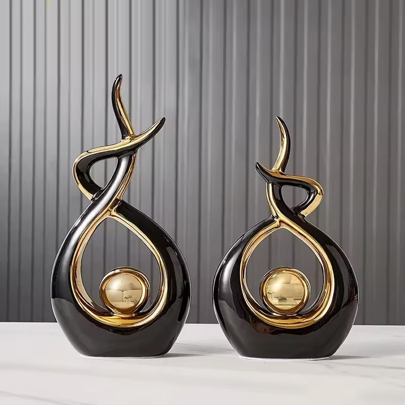 Abstract Ceramic Golden Orb Sculptures – Light Luxury Living Room Accents For Coffee Table Dining Room Table Statement Art Pieces For Contemporary Interiors
