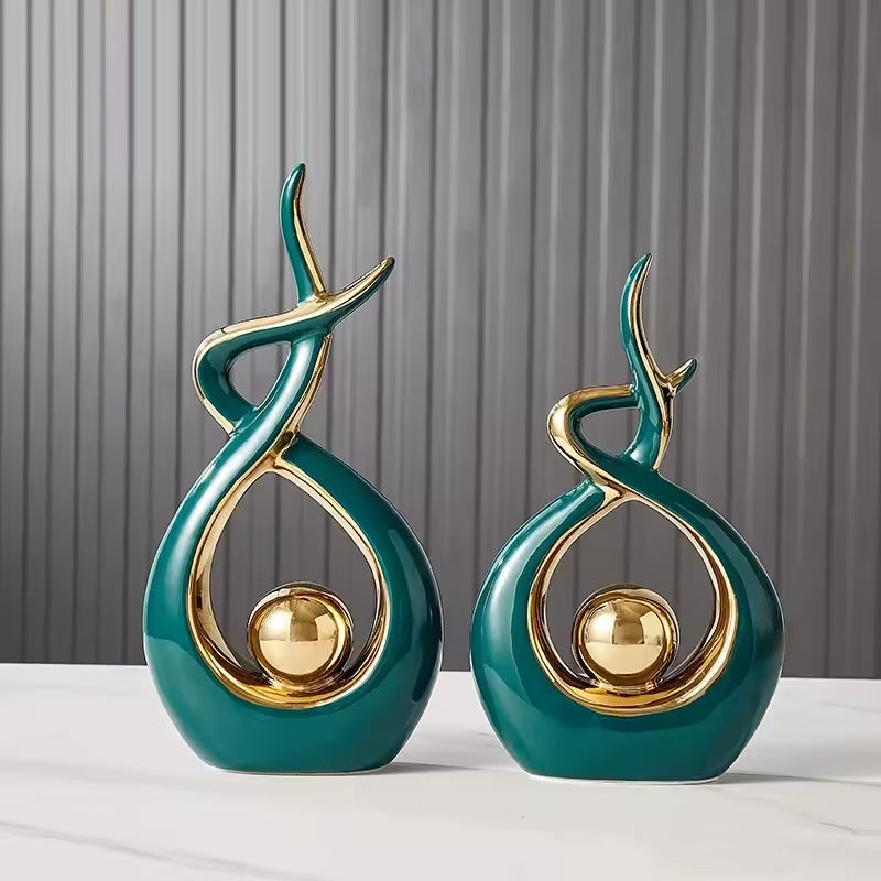 Abstract Ceramic Golden Orb Sculptures – Light Luxury Living Room Accents For Coffee Table Dining Room Table Statement Art Pieces For Contemporary Interiors