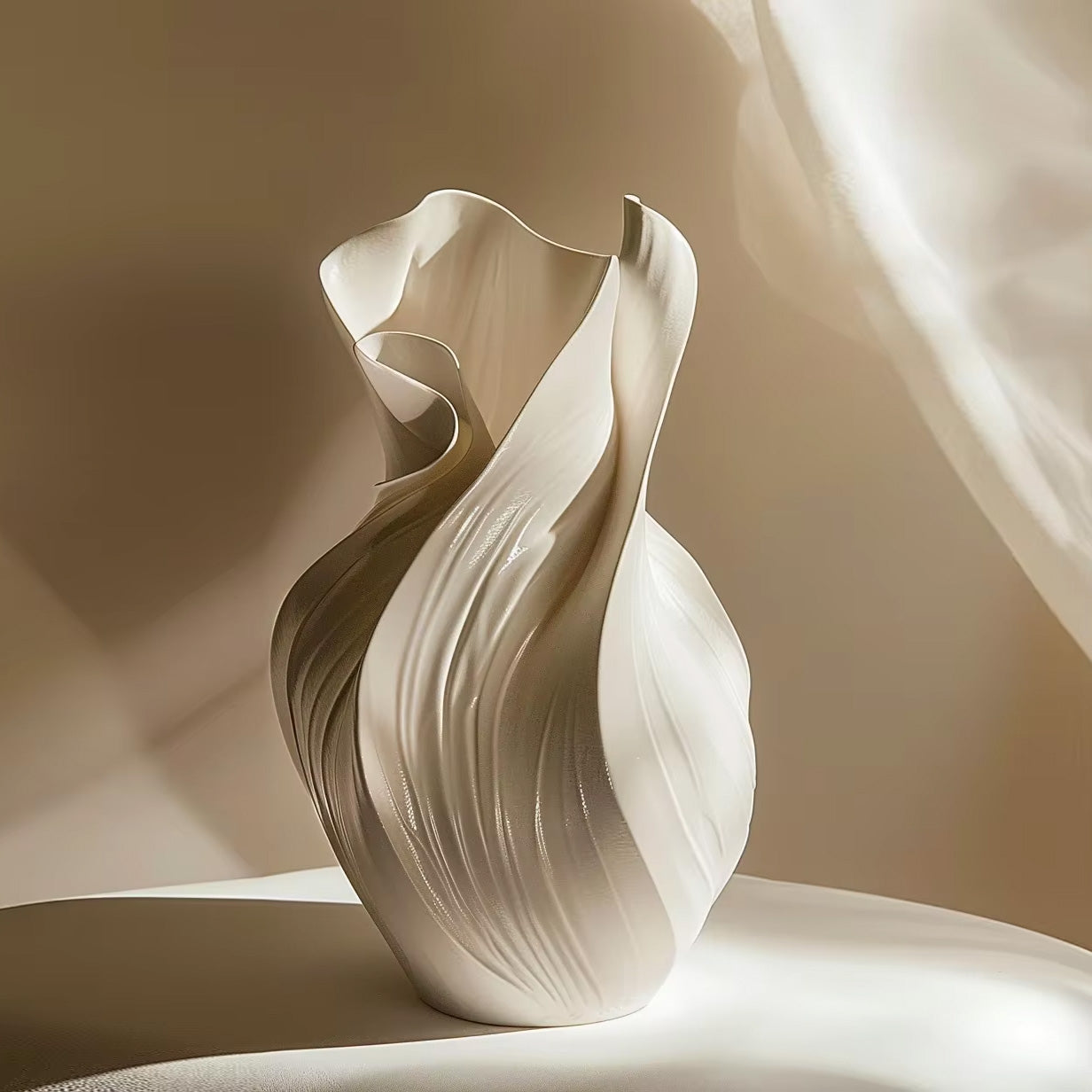 Beige ceramic vase with wavy design on a soft beige background