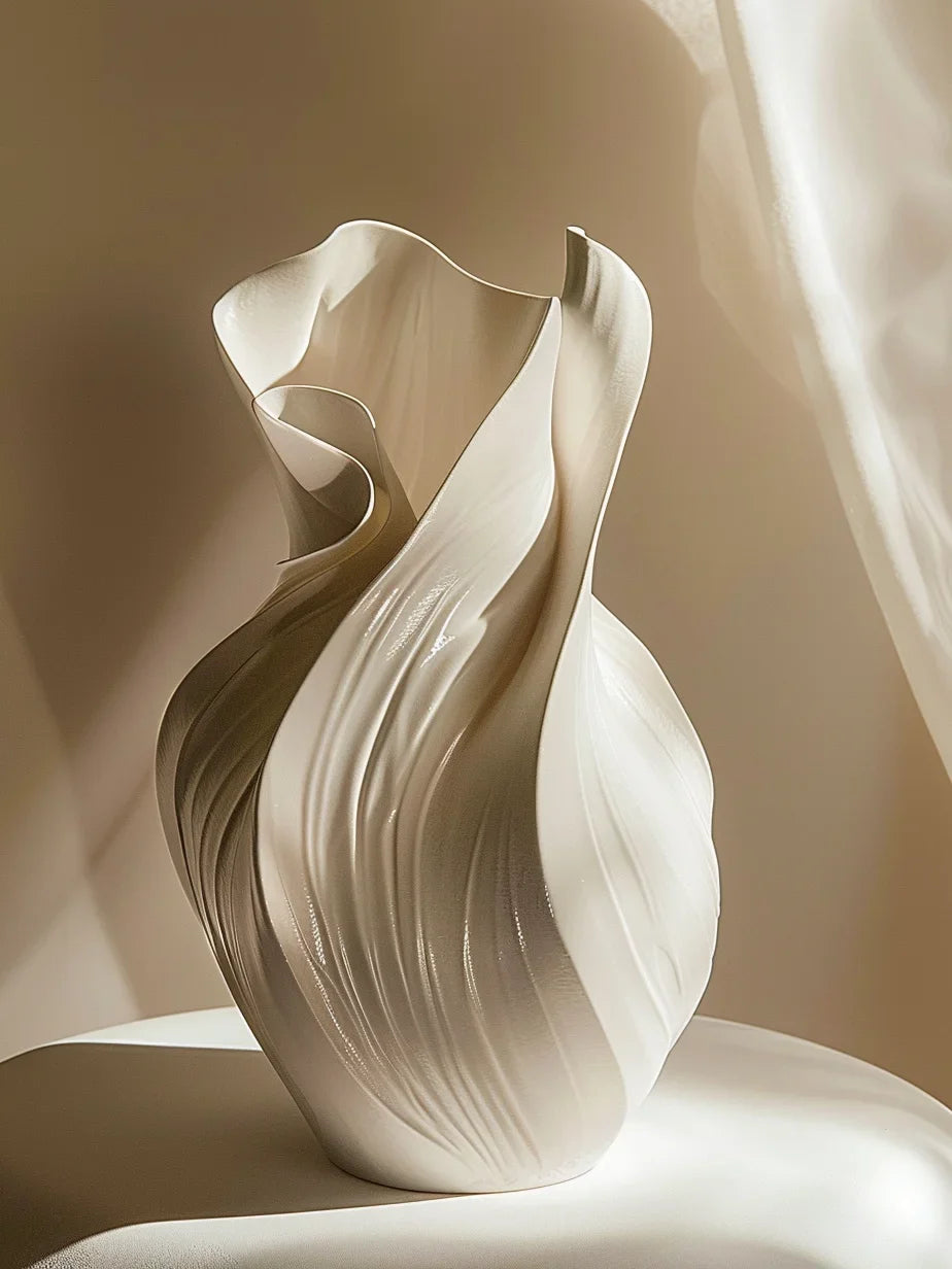 White ceramic vase with wavy design on a beige background