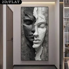 A large vertical wall art print showing a split human face in black, gray, and white sculptural style, displayed in a modern interior hallway. A black label in the top-left corner reads '2D/FLAT'.