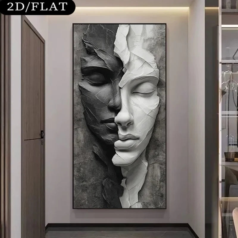 A large vertical wall art print showing a split human face in black, gray, and white sculptural style, displayed in a modern interior hallway. A black label in the top-left corner reads '2D/FLAT'.