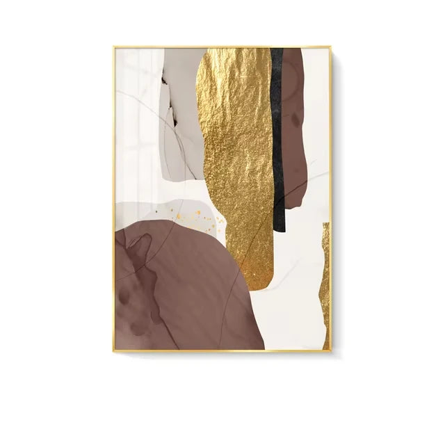 Abstract art print with gold and brown elements on a white background