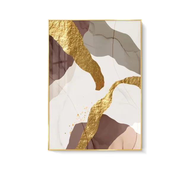 Abstract art print with gold and brown abstract shapes on a white background