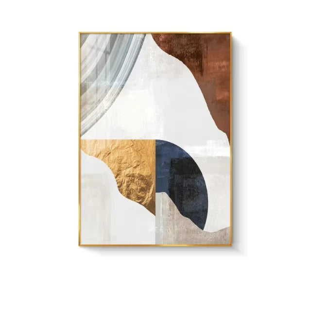Abstract art print with geometric shapes in gold, blue, and white on a white background