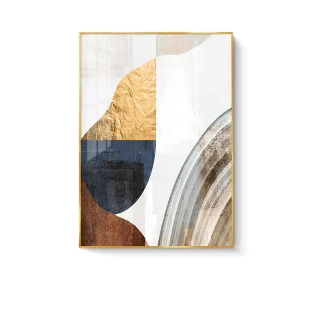 Abstract art print with geometric shapes in gold, blue, and brown on a white background