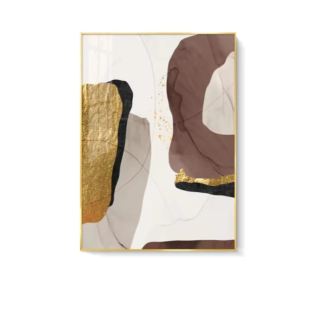 Abstract art print with gold and brown elements on a white background