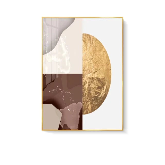Abstract art print with gold and brown elements in a gold frame on a white background