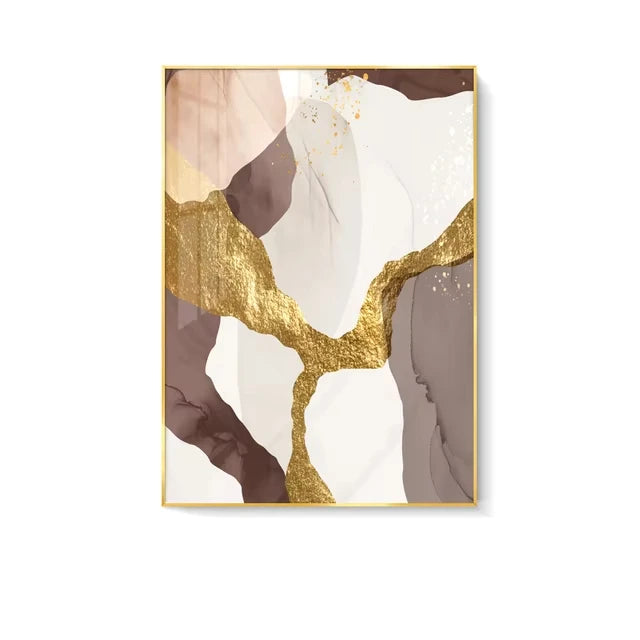 Abstract art print with gold and brown elements on a white background