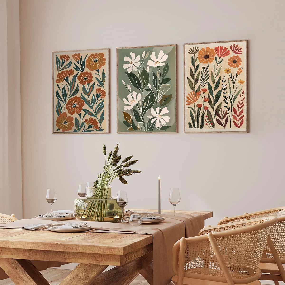 Dining room with wooden table, floral artwork on the wall, and decorative elements.