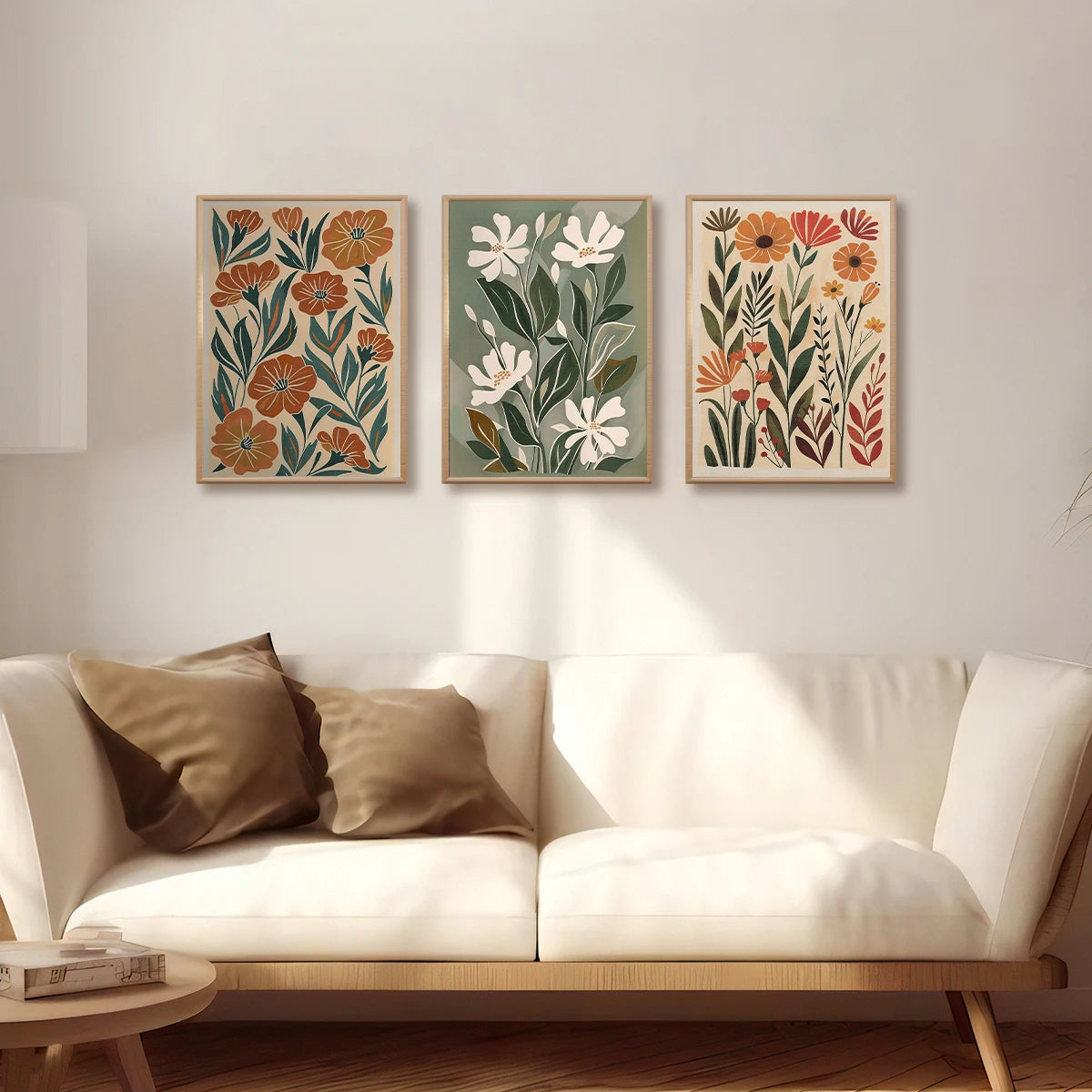 Three floral wall art pieces above a white sofa with brown cushions.