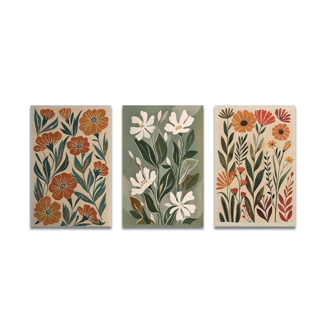 Three floral wall art pieces on a white background