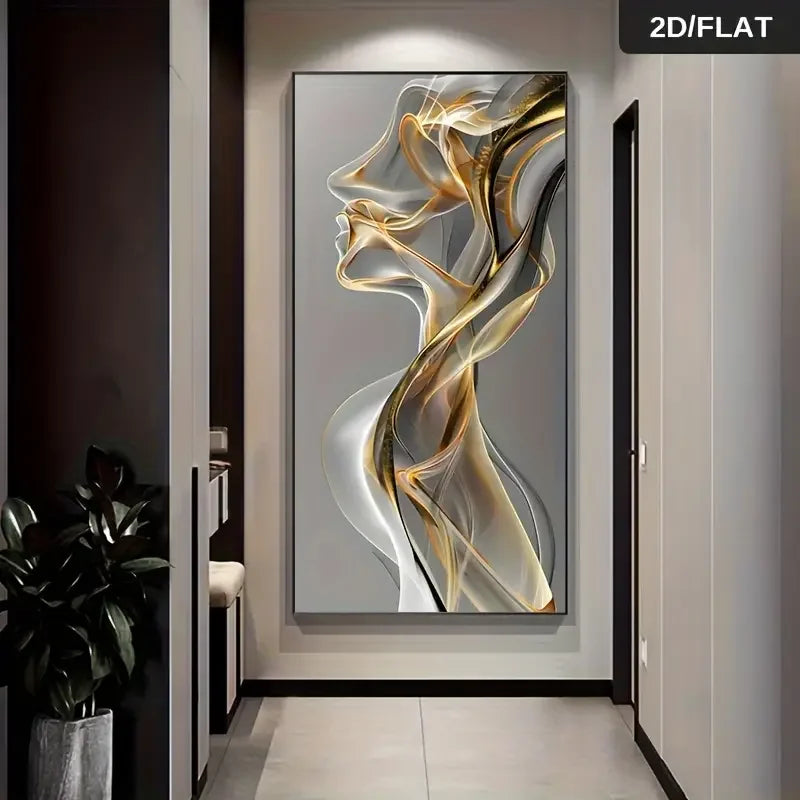 Abstract art painting of a lion's head on a wall in a modern interior setting.