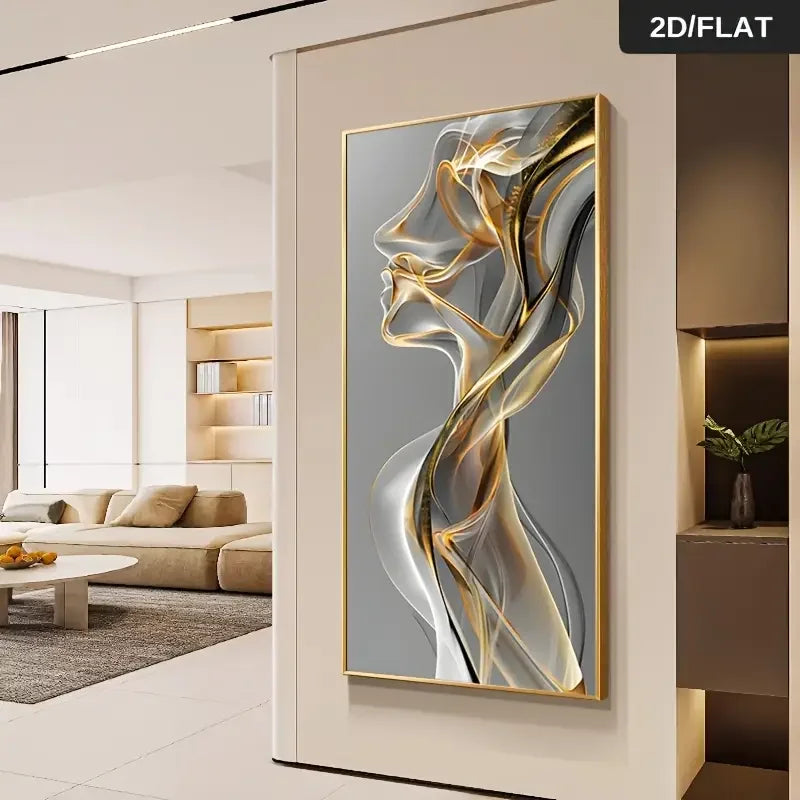 Abstract Flowing Portrait Wall Art Fine Art Canvas Print Grey Black Golden Picture For Modern Entranceway Hallway Reception Room Decor