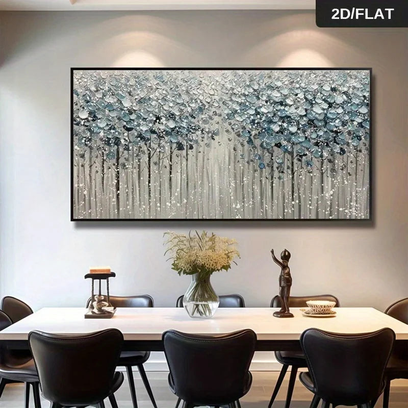 A large abstract wall art piece with blue, gray, and white textured brushstrokes hangs above a dining table in a modern dining room. The artwork is shown in a real interior setting with chairs, a table, and decor, so this is Lifestyle rather than Product/Packaging.