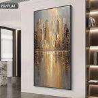 A framed vertical canvas print featuring an abstract city skyline with golden skyscrapers and reflections in water, displayed on a white wall in a modern interior setting.
