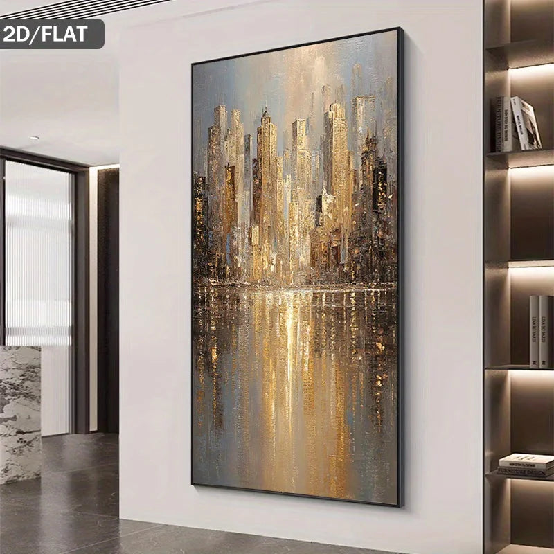 A framed vertical canvas print featuring an abstract city skyline with golden skyscrapers and reflections in water, displayed on a white wall in a modern interior setting.