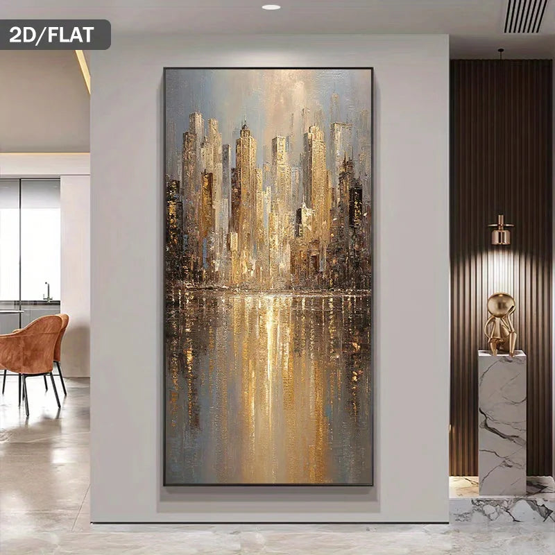 A large vertical canvas wall art print featuring an abstract city skyline in gold, beige, gray, and black tones with reflections below, displayed in a modern interior hallway. A dark gray '2D/FLAT' label appears in the top-left corner.