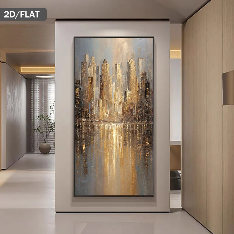 A vertical canvas art print featuring an abstract city skyline with golden skyscrapers and reflective water, displayed on a wall in a modern minimalist hallway.