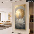 A vertical wall art print featuring a seated meditating figure in front of a large white lotus flower and glowing gold circular backdrop, displayed on a beige wall in a modern living room interior. A '2D/FLAT' label appears in the top-right corner.