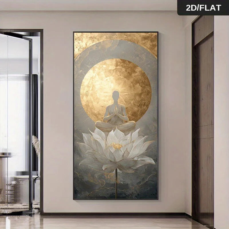 A vertical wall art print showing a seated meditating figure in front of a large gold circular halo and white lotus flower, displayed on a beige wall in an interior hallway. 