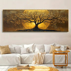 A large horizontal wall art piece showing a stylized tree with glowing golden foliage and trunk against a warm gold and brown background, displayed above a white sofa in a modern living room setting.