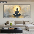 Living room with a large wall art of a meditating figure in front of a sun.