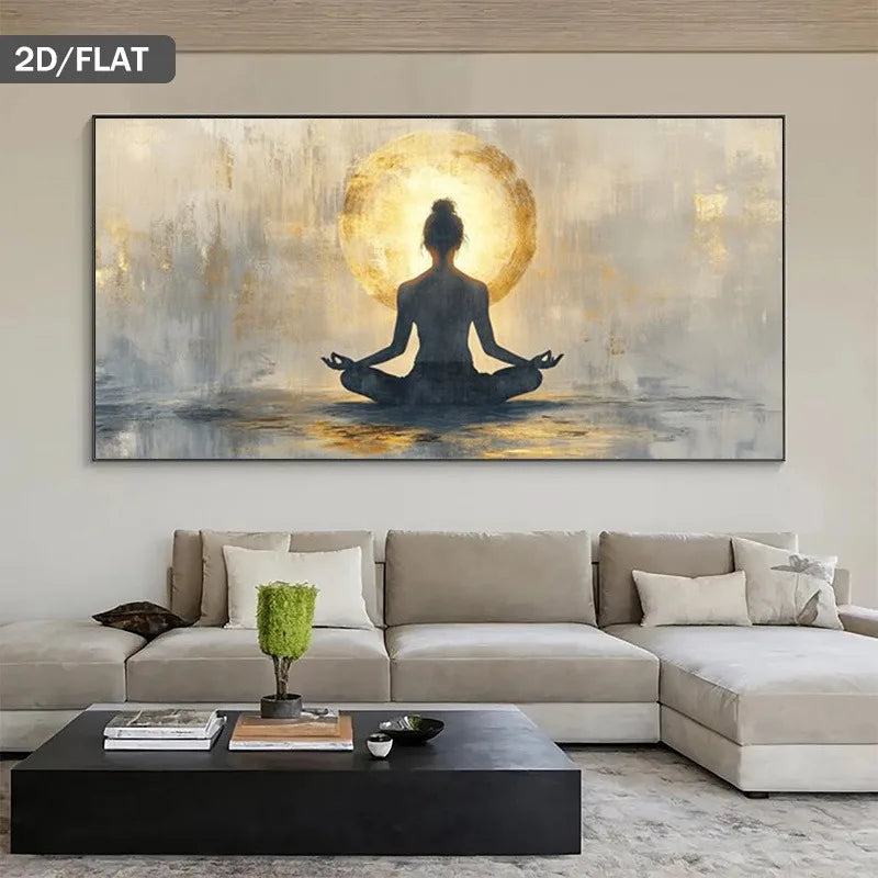 Living room with a large wall art of a meditating figure in front of a sun.