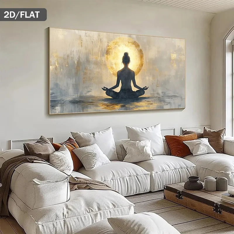 Living room with a large painting of a meditating figure on a wall above a white sofa.