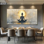 Dining room with a large abstract painting of a meditating figure on the wall.