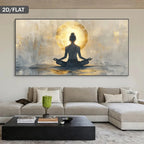 Meditation-themed wall art above a beige sofa in a living room.