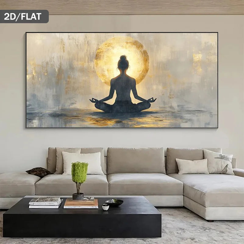Meditation-themed wall art above a beige sofa in a living room.