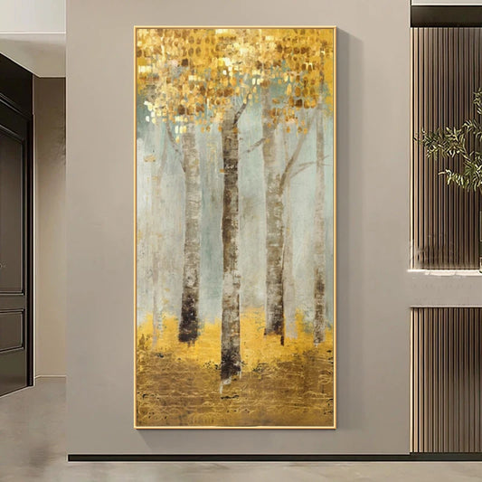 Abstract Golden Tree Auspicious Wall Art Fine Art Canvas Prints Pictures For Foyer Reception Entranceway Art For Home Office Interiors