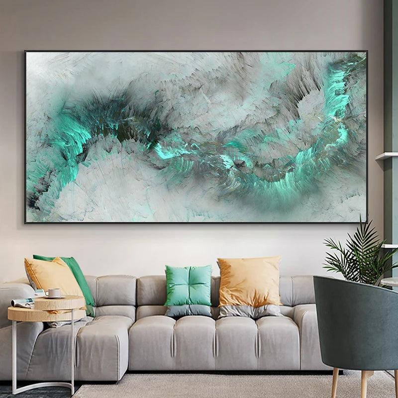 Abstract Green Alien Cloud Wall Art Fine Art Canvas Prints Jade Green Grey Sky Picture For Modern Apartment Living Room Home Office Decor