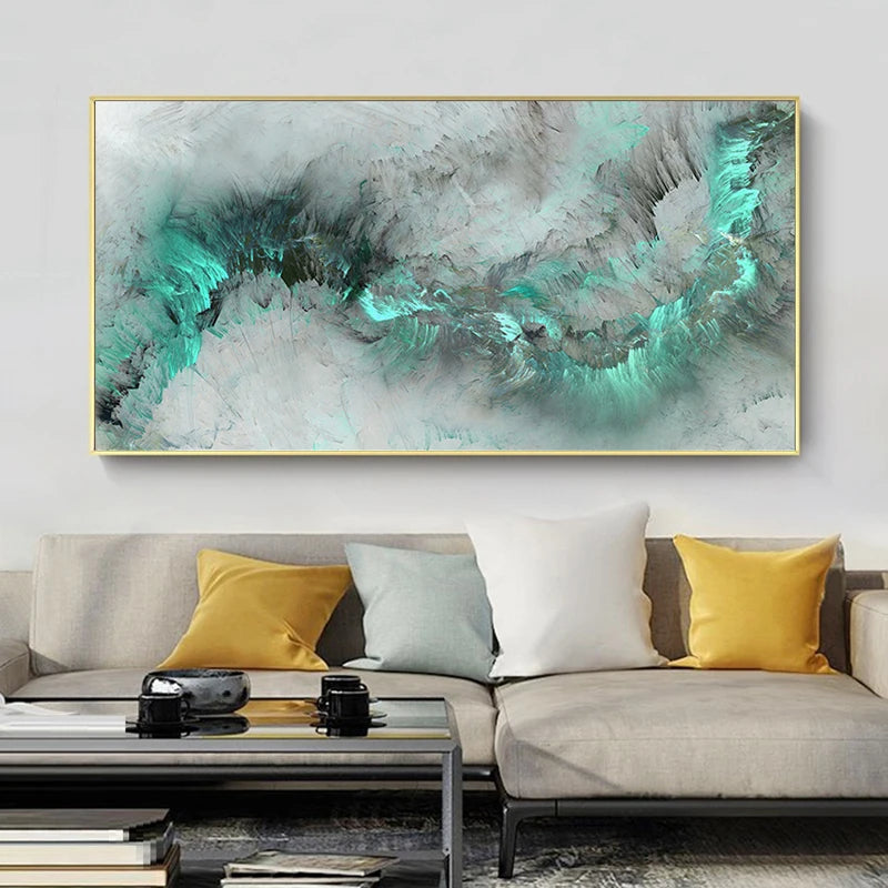 Abstract Green Alien Cloud Wall Art Fine Art Canvas Prints Jade Green Grey Sky Picture For Modern Apartment Living Room Home Office Decor