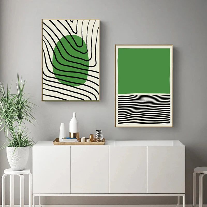 Abstract Green Geometric Line Art Wall Art Fine Art Canvas Prints Pictures For Modern Apartment Living Room Home Office Art Decor