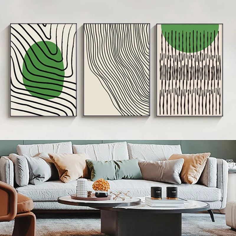 Abstract Green Geometric Line Art Wall Art Fine Art Canvas Prints Pictures For Modern Apartment Living Room Home Office Art Decor