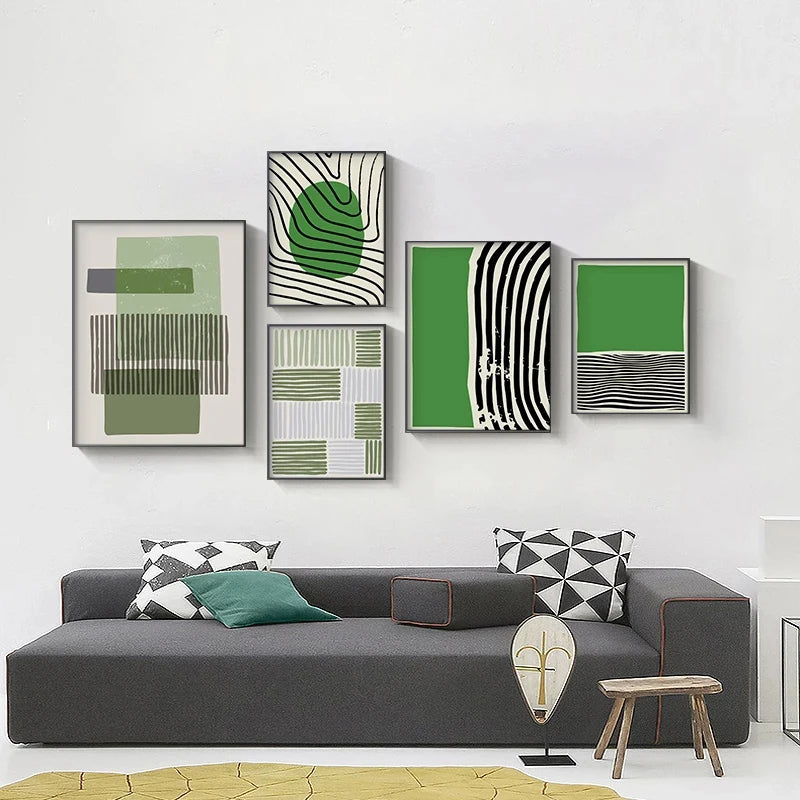 Abstract Green Geometric Line Art Wall Art Fine Art Canvas Prints Pictures For Modern Apartment Living Room Home Office Art Decor