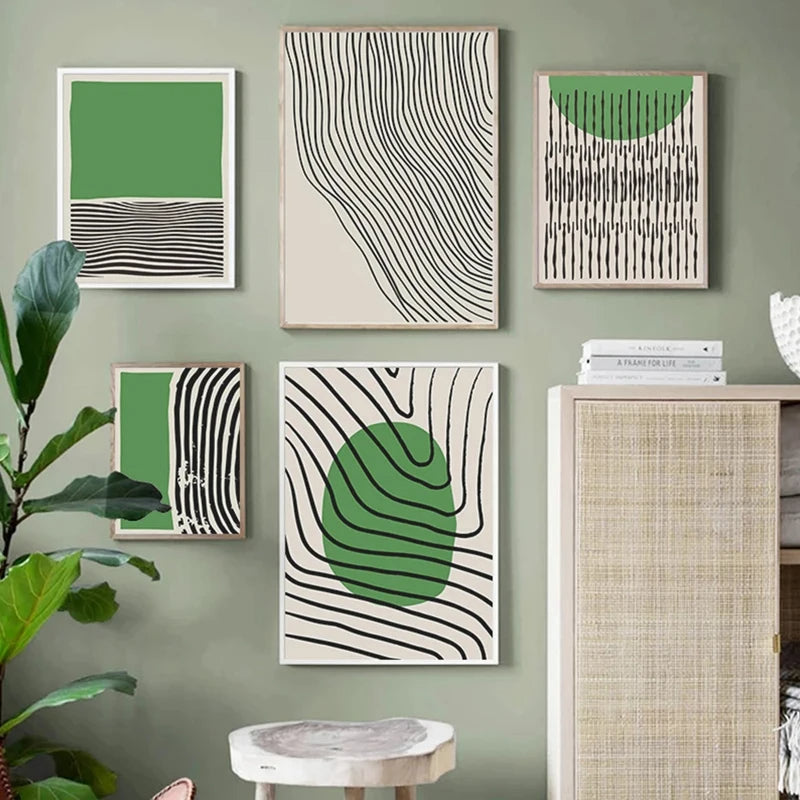 Abstract Green Geometric Line Art Wall Art Fine Art Canvas Prints Pictures For Modern Apartment Living Room Home Office Art Decor