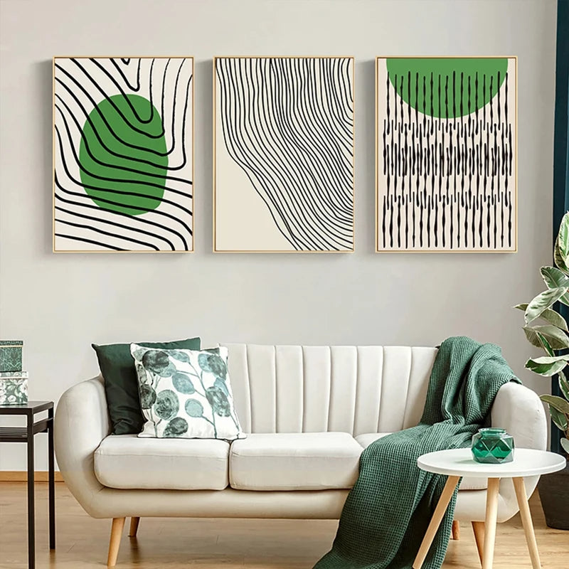 Abstract Green Geometric Line Art Wall Art Fine Art Canvas Prints Pictures For Modern Apartment Living Room Home Office Art Decor