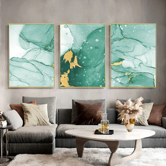 Abstract Green Golden Marble Print Wall Art Fine Art Canvas Prints Pictures For Modern Apartment Living Room Hotel Room Art Decor