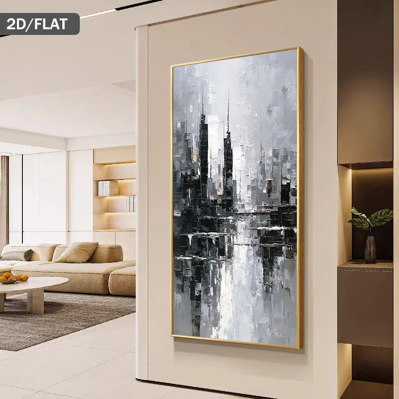 Abstract cityscape painting in a modern living room