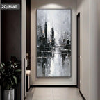 Abstract cityscape painting in a modern hallway