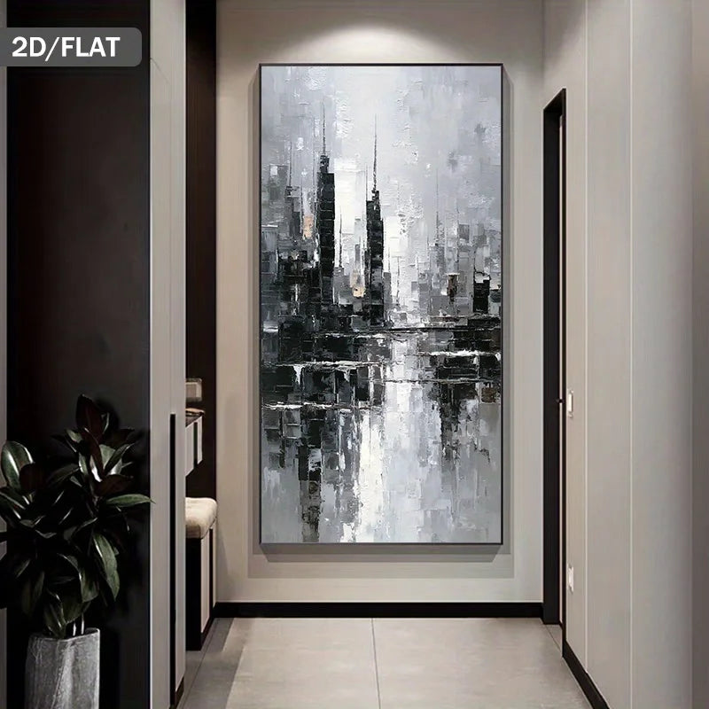 Abstract cityscape painting in a modern hallway