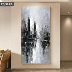Abstract cityscape painting on a wall in a modern interior setting