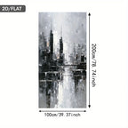 Abstract cityscape painting with dimensions on a white background