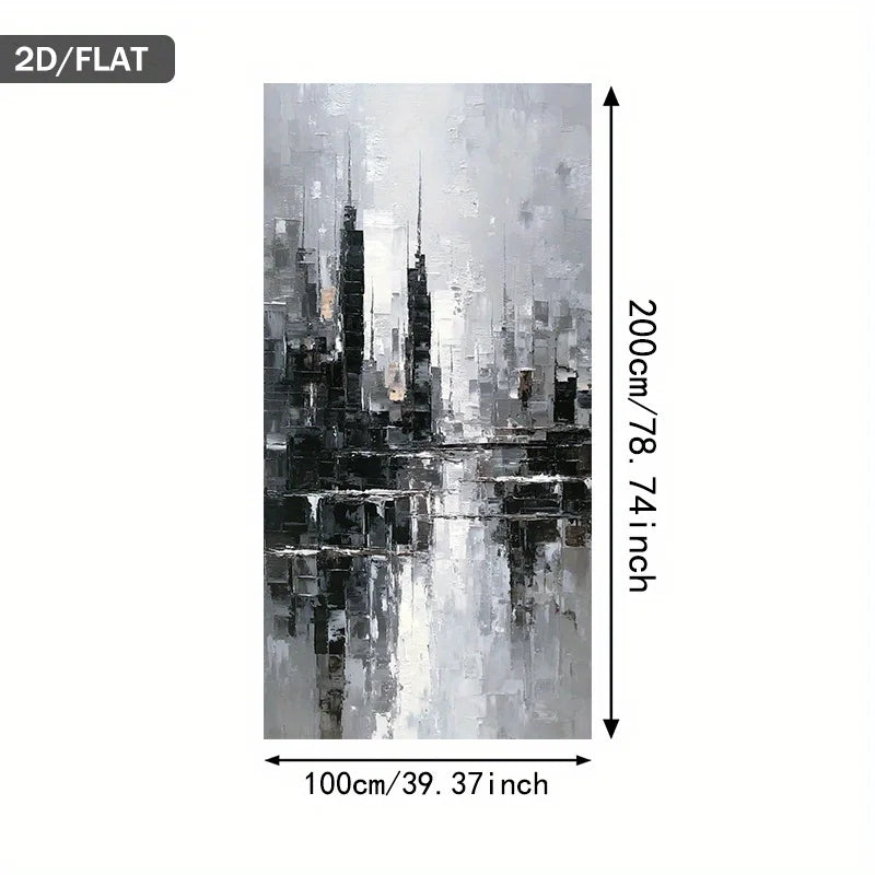 Abstract cityscape painting with dimensions on a white background